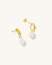 Pearl drops in 18k gold vermeil womans earrings jewelry gold studs fresh water pearl hanging off round gold hoop stud